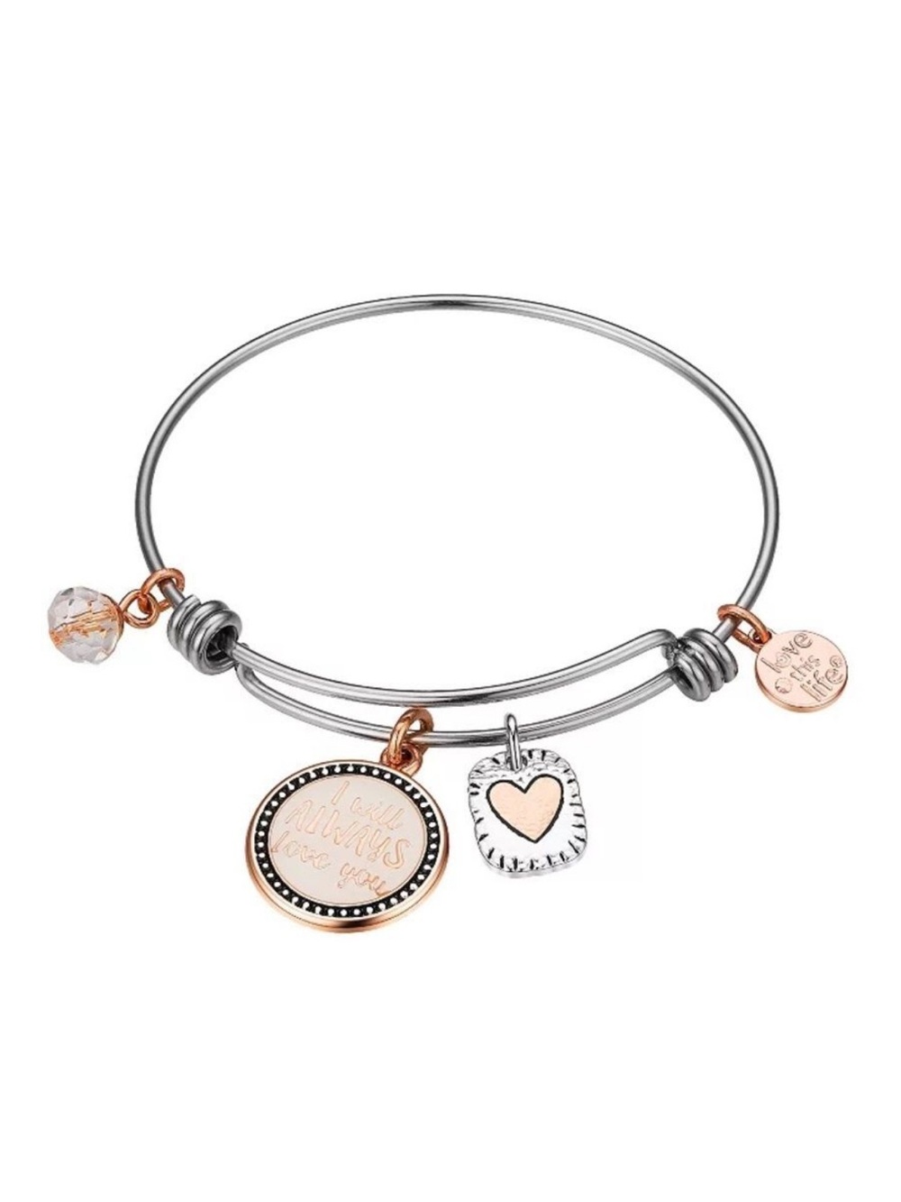 Love This Life Two Tone Heart Charm Bangle Bracelet I Will Always Love You